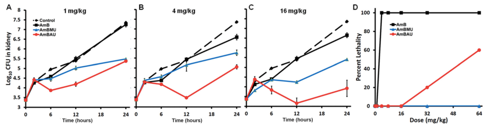 Time course of fungal burden in the kidneys of neutropenic mice infected with C. albicans following a single intraperitoneal injection of AmB, AmBMU, or AmBAU at dosages of (A) 1 mg per kg body weight, (B) 4 mg per kg body weight, or (C) 16 mg per kg body weight. (D) Dose-response lethality following a single intravenous injection of AmB, AmBMU, or AmBAU at dosages ranging from 0.5 mg per kg body weight to 64 mg per kg body weight.